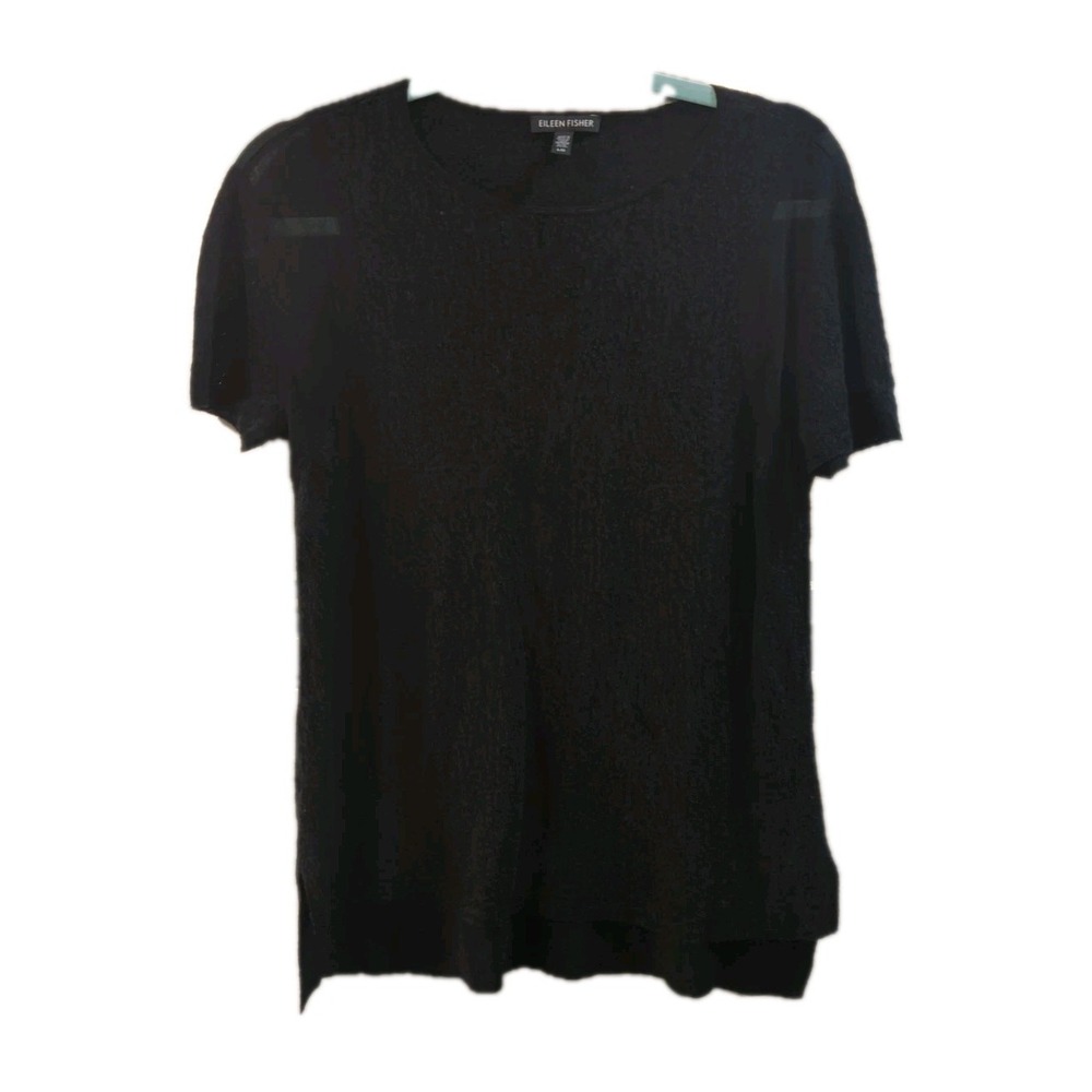 Eileen Fisher L Leather Trim Top Mesh Panel Textured Black Minimalism Jacquard